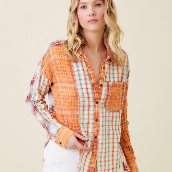 MYSTREE Plaid Button Down Shirt, Orange Multicolor Patchwork Check Top, Oversize - Picture 1 of 7